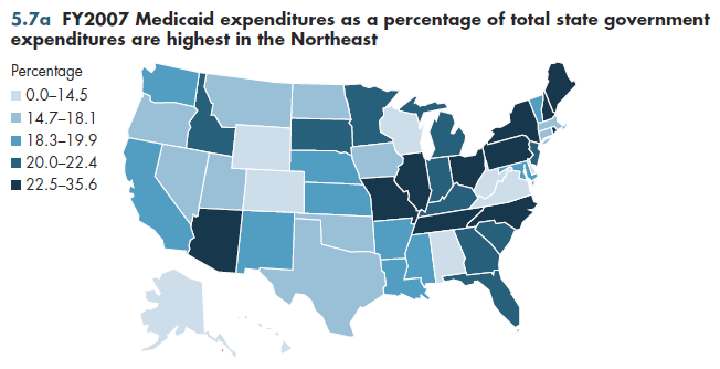 FY2007 Medicaid expenditures as a percentage of total state government expenditures are highest in the Northeast.