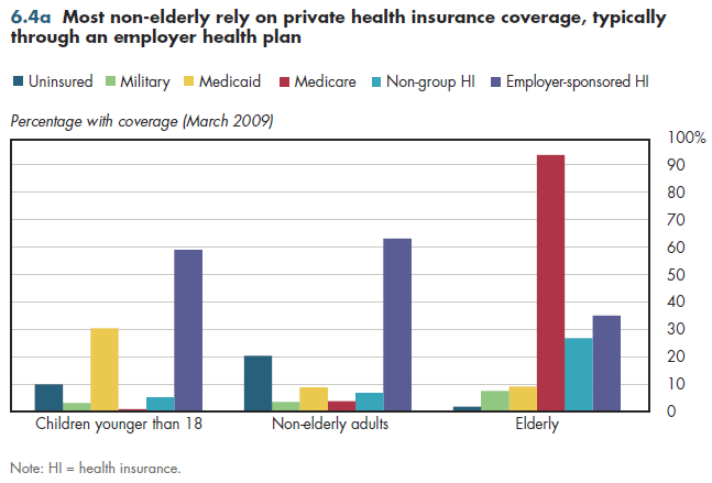 Most non-elderly rely on private health insurance coverage, typically through an employer health plan.