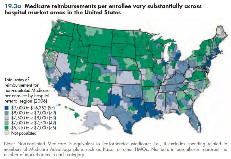 Medicare reimbursements per enrollee vary substantially across hospital market areas in the United States.