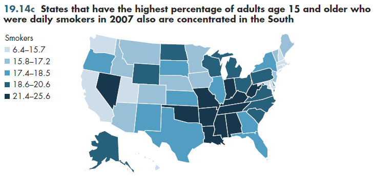 States that have the highest percentage of adults age 15 and older who were daily smokers in 2007 also are concentrated in the South.