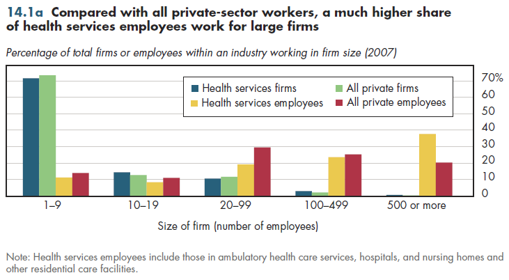 Compared with all private-sector workers, a much higher share of health services employees work for large firms.